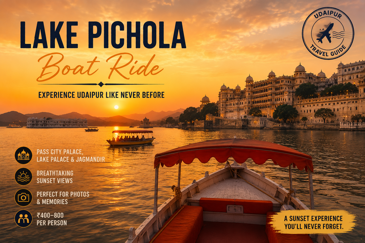 Udaipur travel guide - sunset boat ride on Lake Pichola